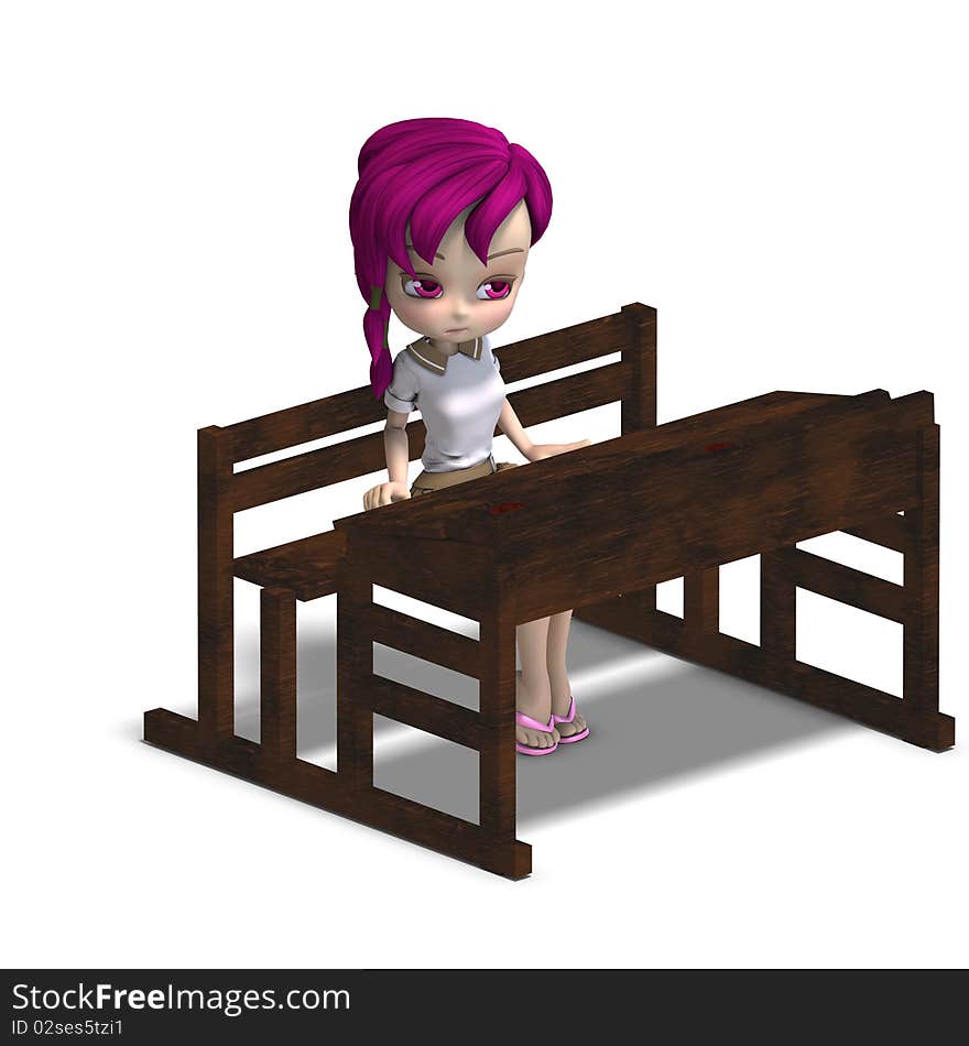 Cute Little Cartoon School Girl Sitting On A