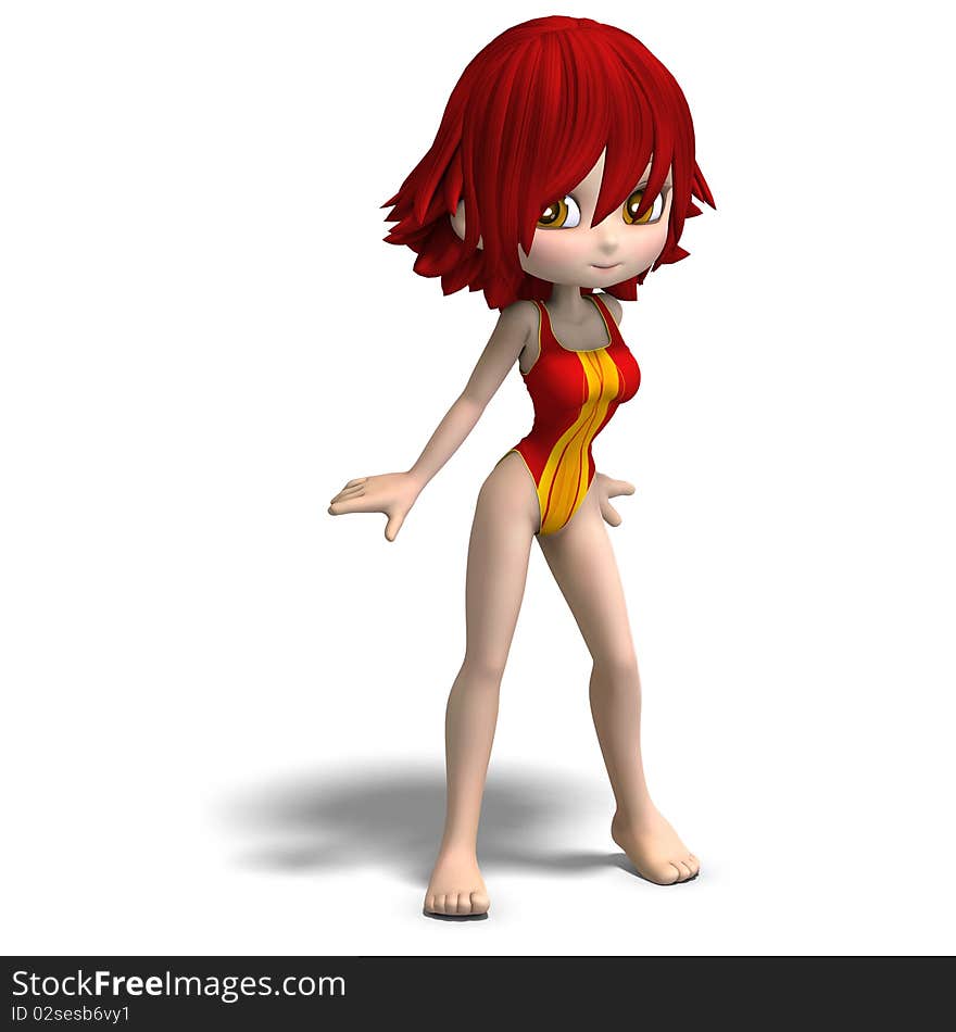 Beautiful cartoon girl in a onepiece swimsuit. 3D rendering with clipping path and shadow over white