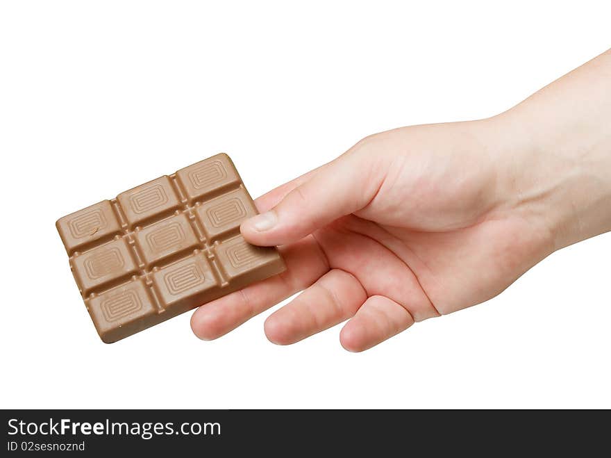 Chocolate in hand isolated