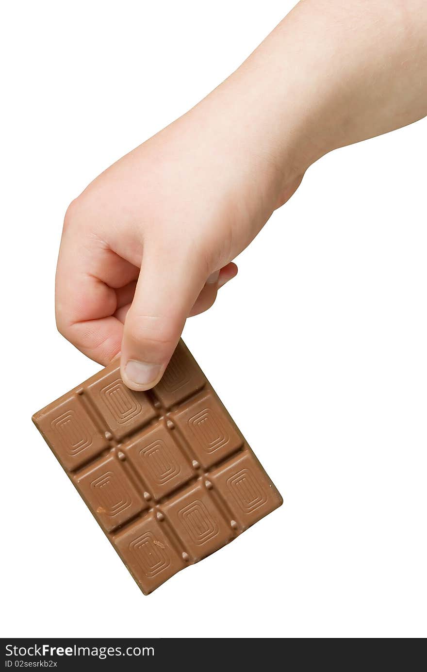 Chocolate in hand isolated