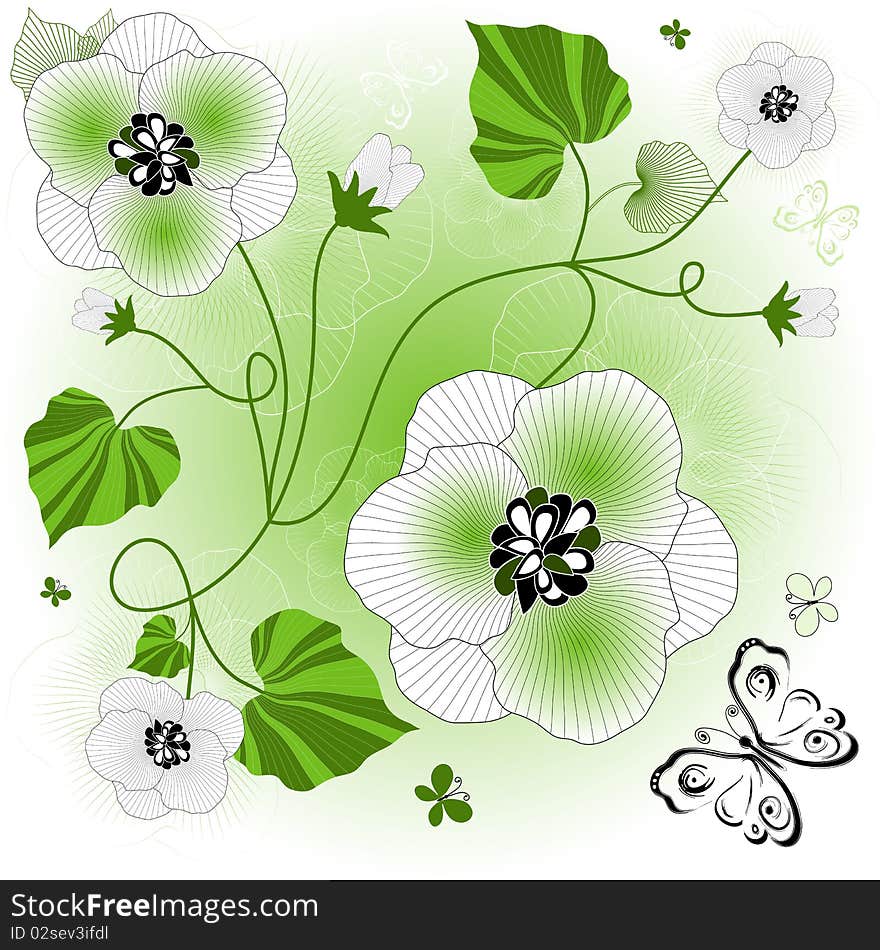 Gentle white-green floral background with flowers butterflies