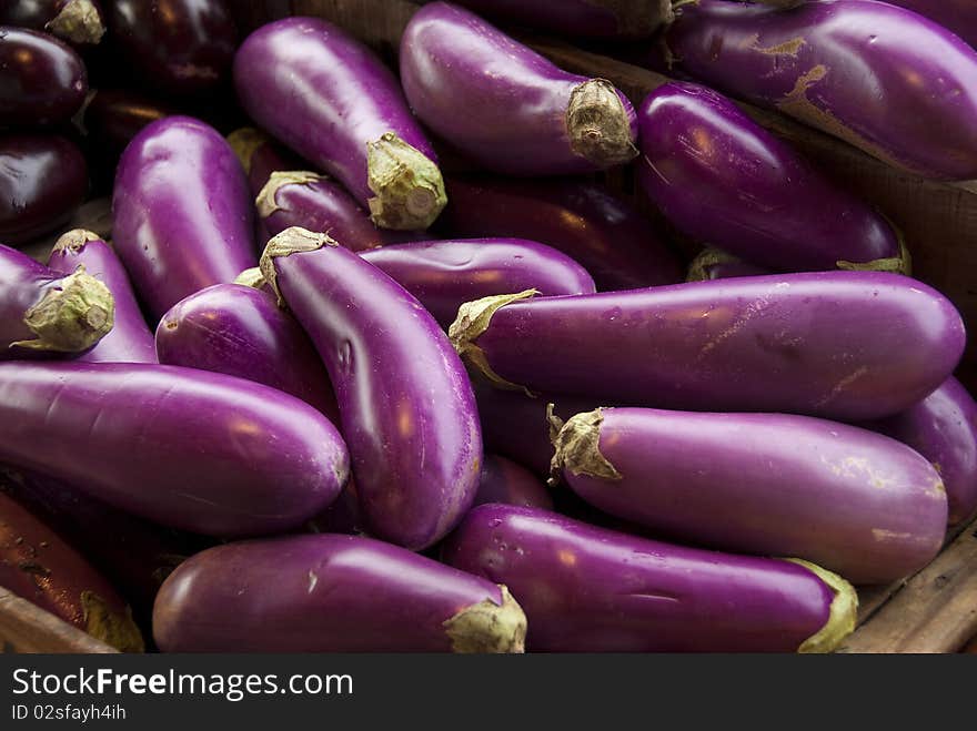 Eggplants bunched together in farmer's market stand. Eggplants bunched together in farmer's market stand