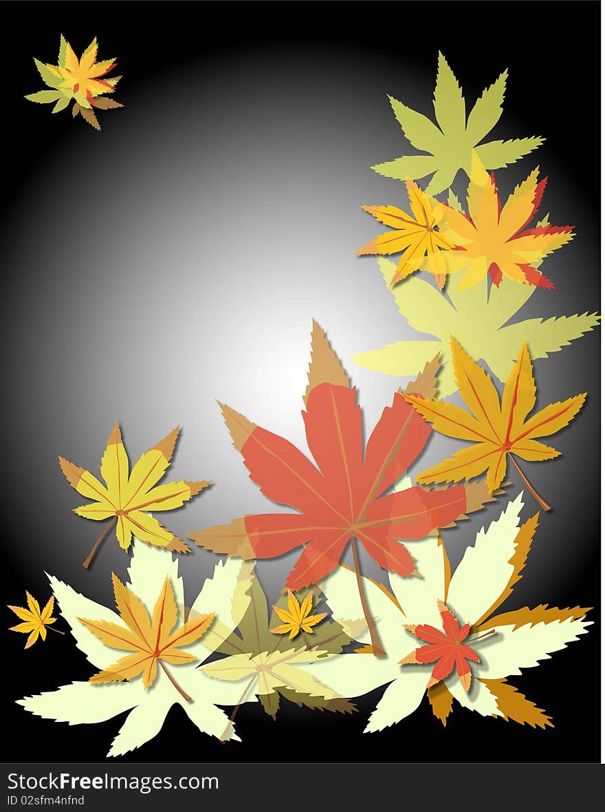 Gold autumn leaves on brightly gradient black background