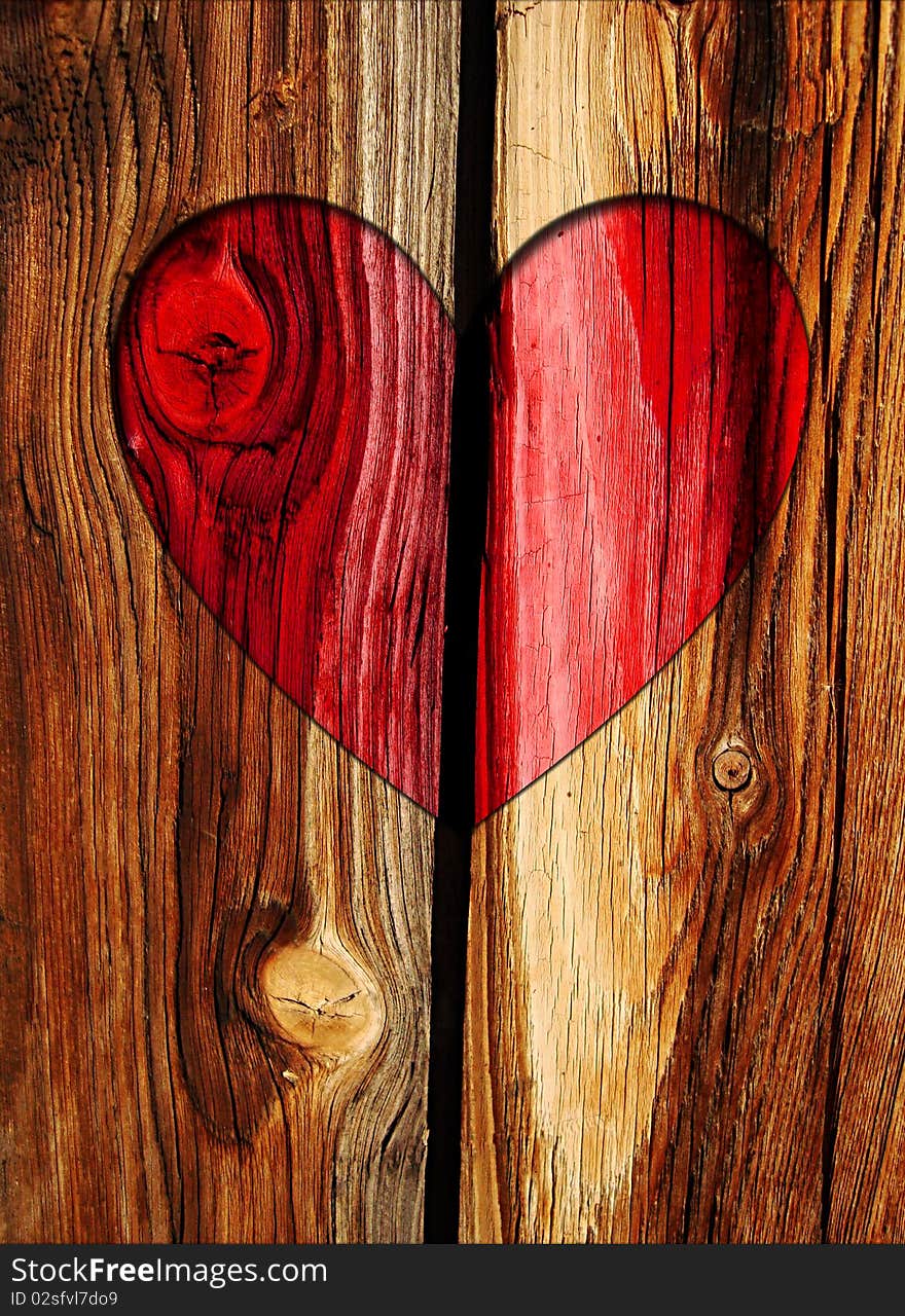 Red heart on wooden brown wall background. Red heart on wooden brown wall background