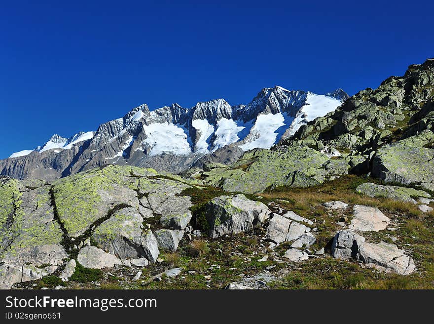 Summits of Wannenhorn in Valais, Switzerland, on a bright morning