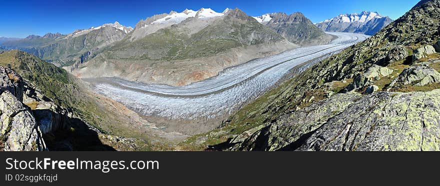 Panorama of Aletsch Glacier and summits of Valais