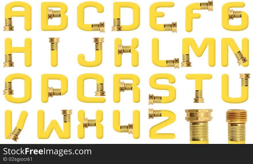 Yellow all capital alphabet created with high resolution photograph of yellow garden hose wall spigot attachment over white. Yellow all capital alphabet created with high resolution photograph of yellow garden hose wall spigot attachment over white.