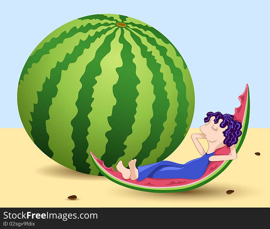 Boy and watermelon. Cartoon illustration.