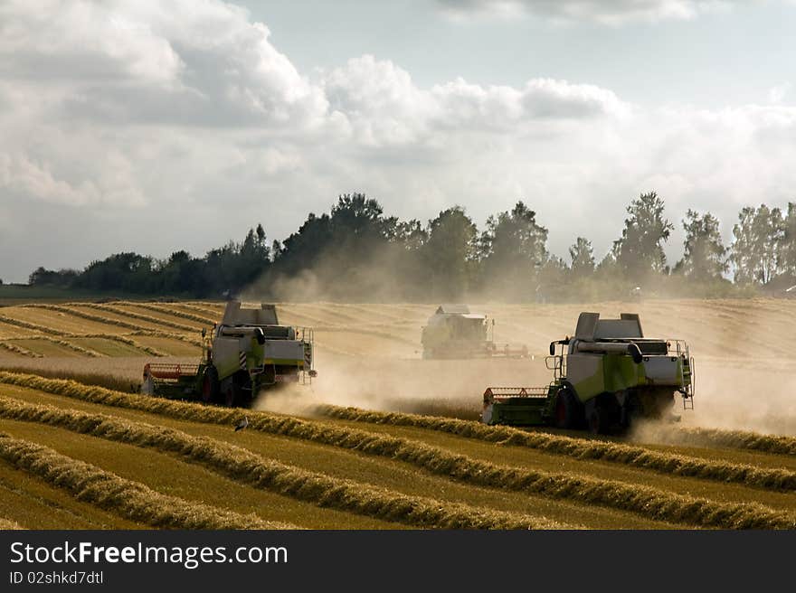 Combines which clean the ripened grain plants. Combines which clean the ripened grain plants