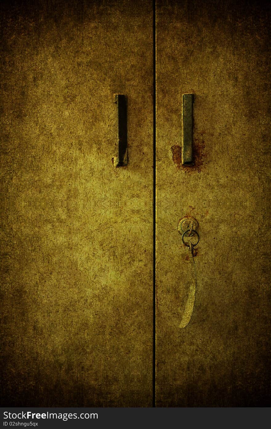 A grunge door closed with the key