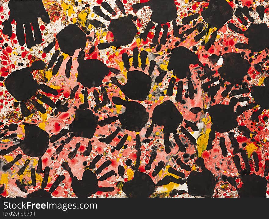 An abstract painting with hand prints the dominating theme. An abstract painting with hand prints the dominating theme