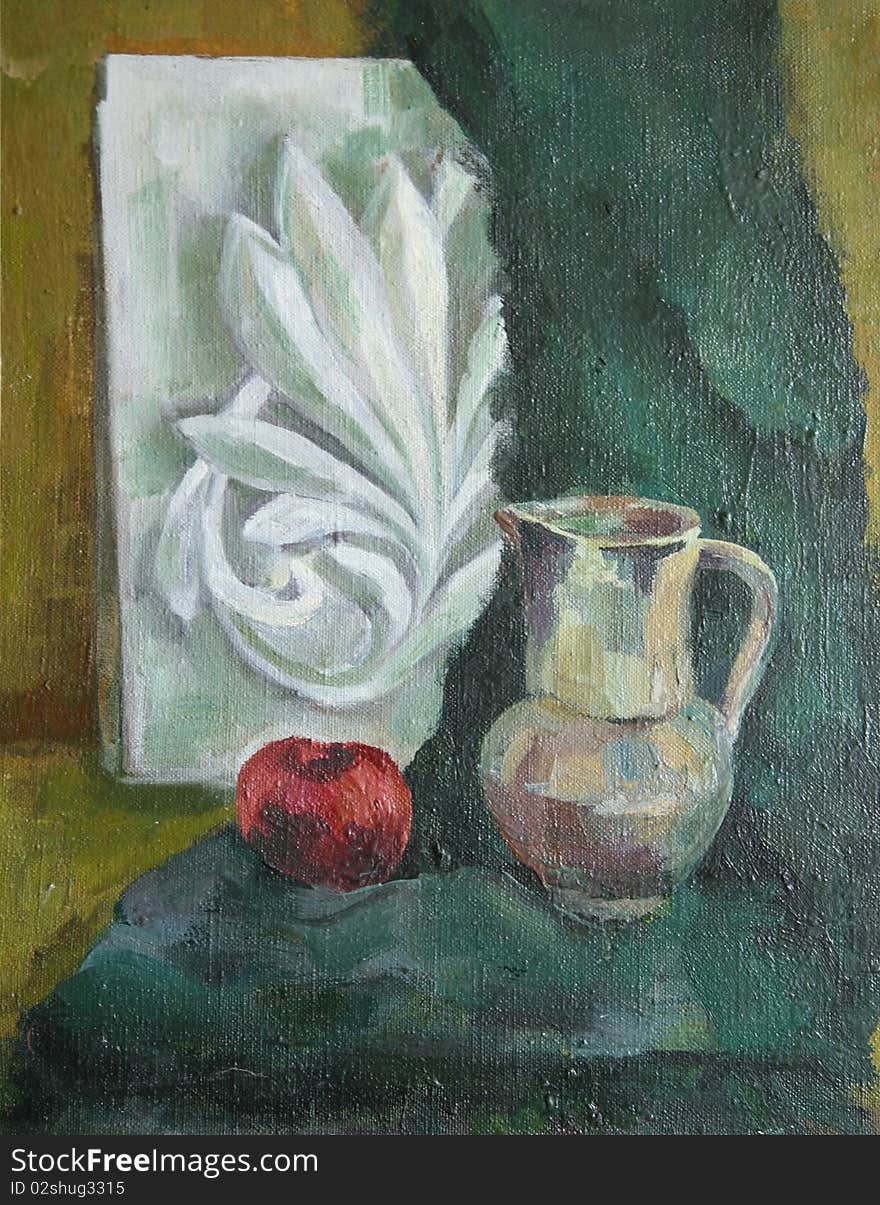 The still-life with a jug, an apple and the plaster socket a sheet on is drawn by buttered paints on a canvas and a frame