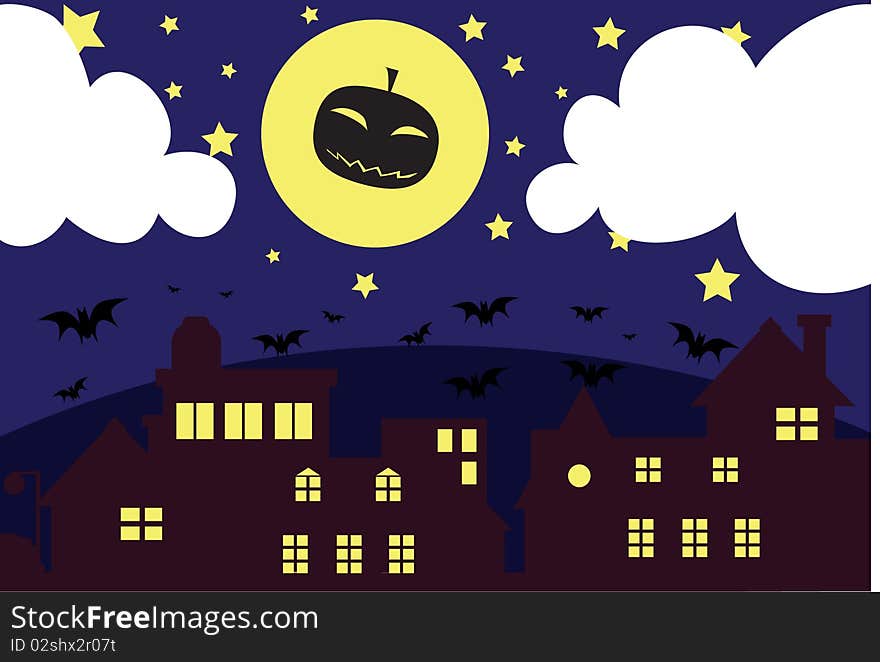 Image of a pumpkin ghost flies in the moon on Halloween night. Image of a pumpkin ghost flies in the moon on Halloween night.