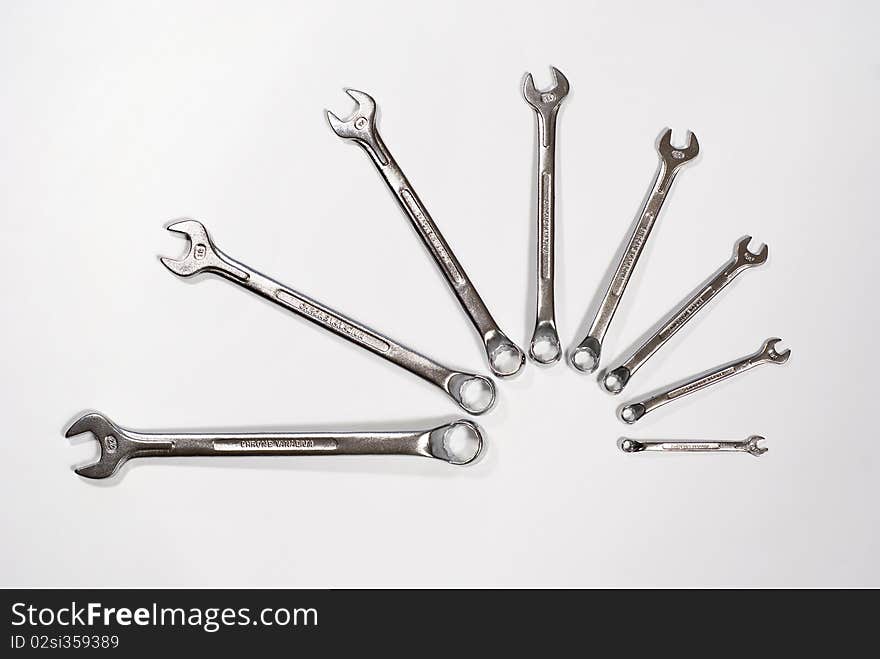 Set of fork spanners on the white background. Set of fork spanners on the white background