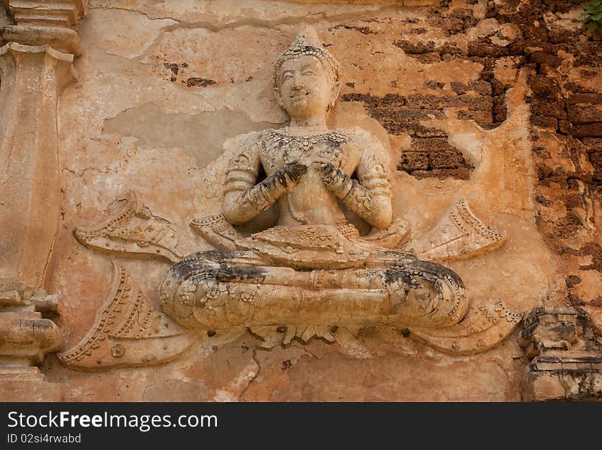 Budda statue on pagoda in jeadyod temple chiangmai thailand