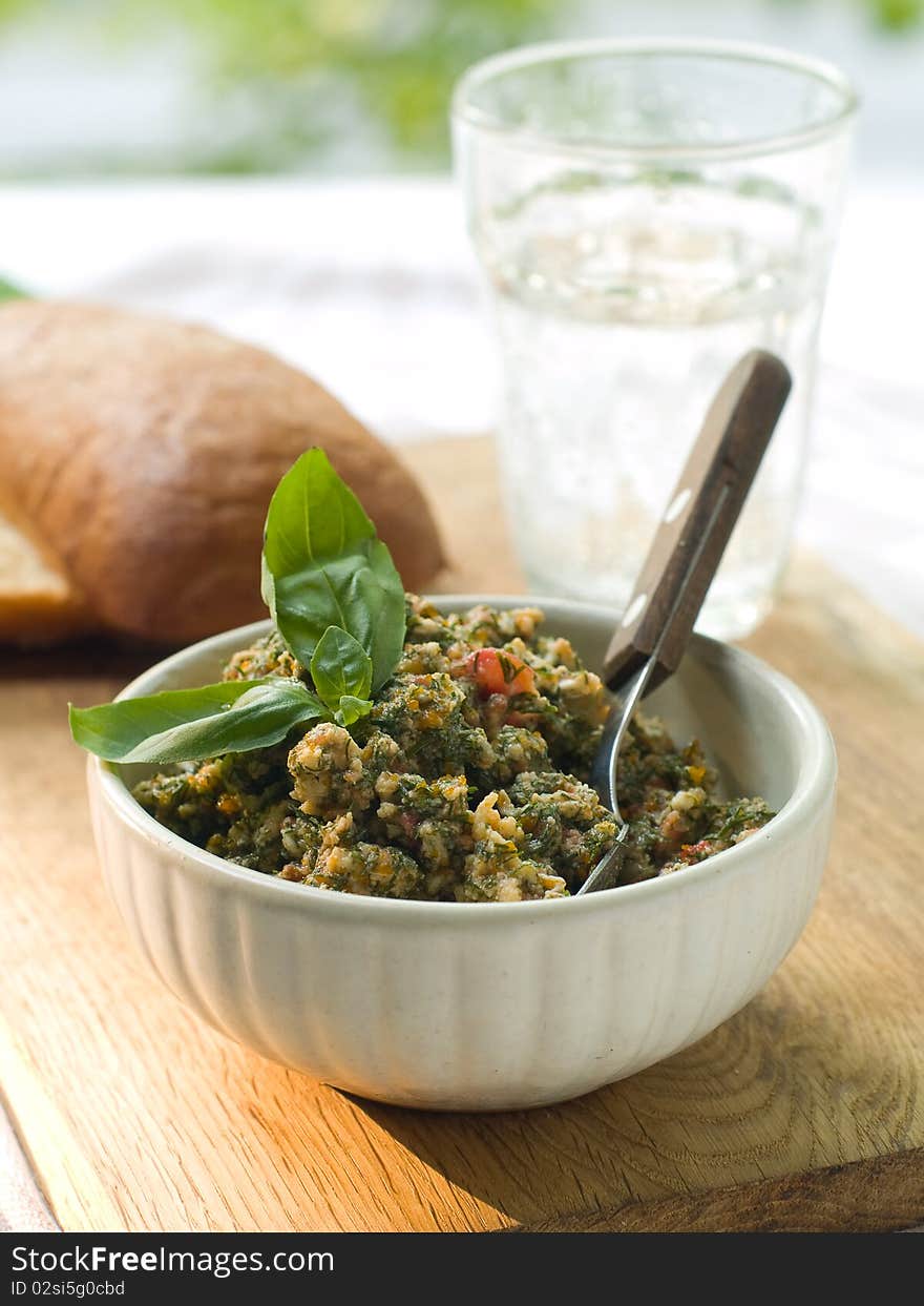 Vegetable caviar in bowl with bread for healthy breakfast. Vegetable caviar in bowl with bread for healthy breakfast