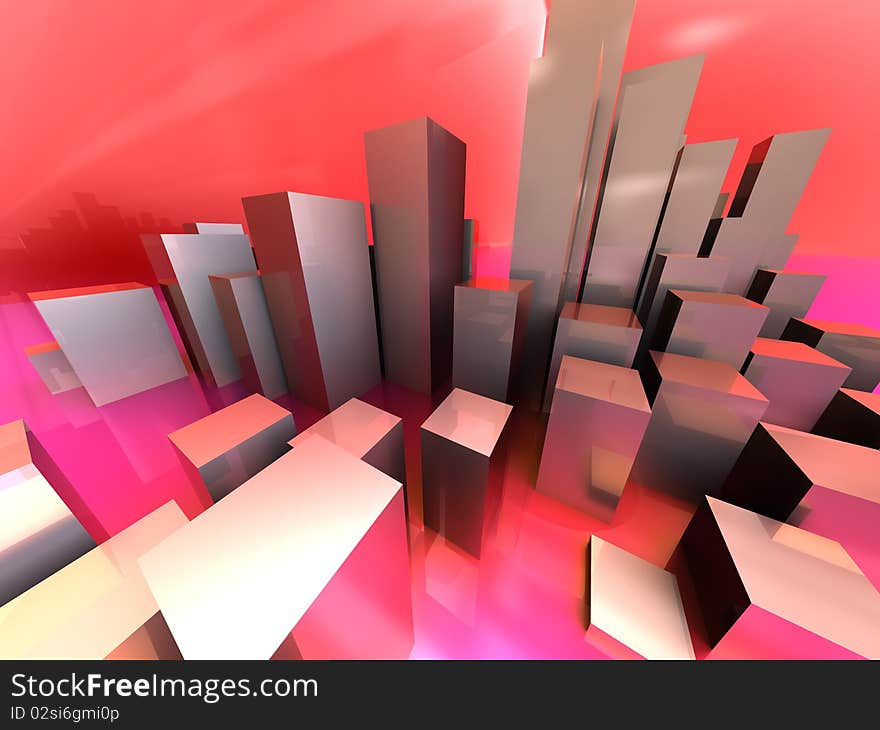 Abstract 3d illustration of city background, pink colors. Abstract 3d illustration of city background, pink colors