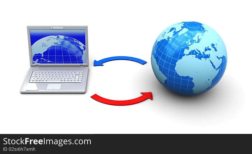 3d illustration of laptop computer and earth globe, internet concept