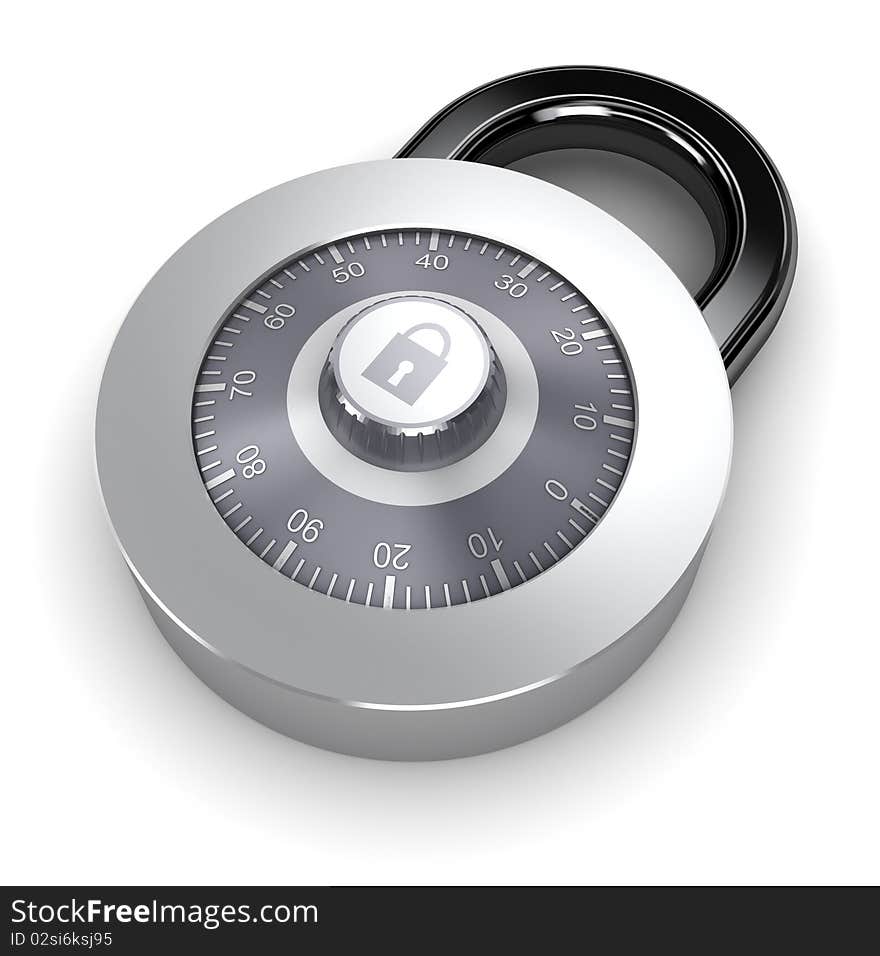 3d illustration of steel combination lock over white background