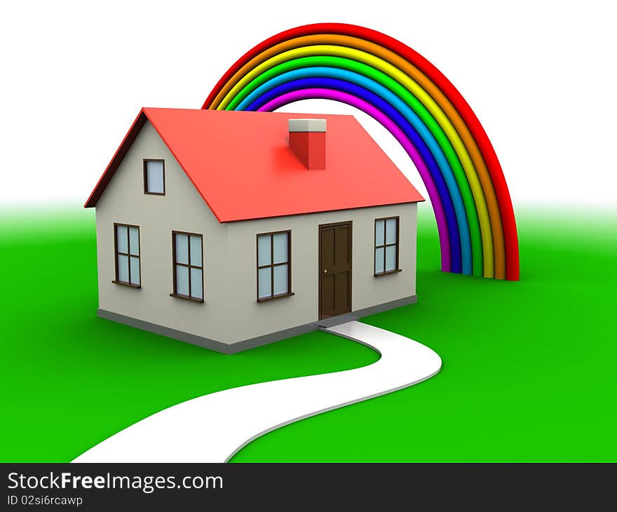 Abstract 3d illustration of house on green grass with rainbow. Abstract 3d illustration of house on green grass with rainbow