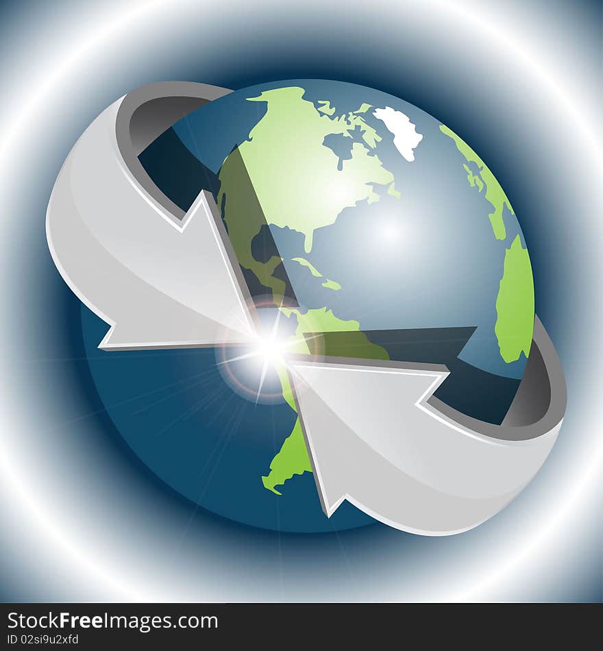 Abstract illustration white round arrows around globe