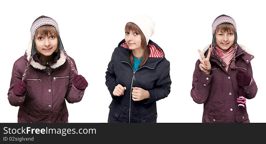 Collage beautiful young girl in winter to cloth on white background. Picture built from several pictures