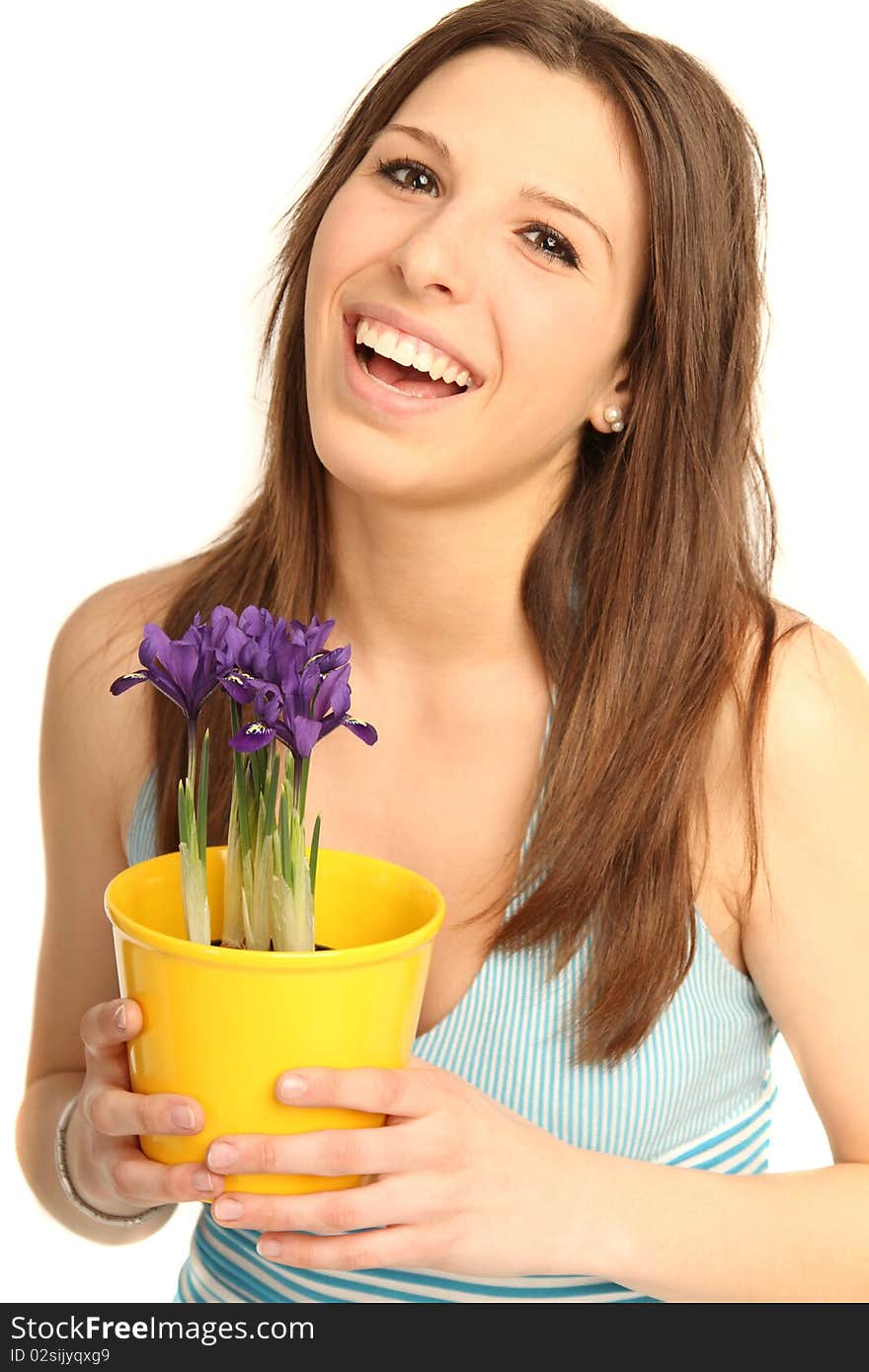 Young Brunette Woman With Flowerpot