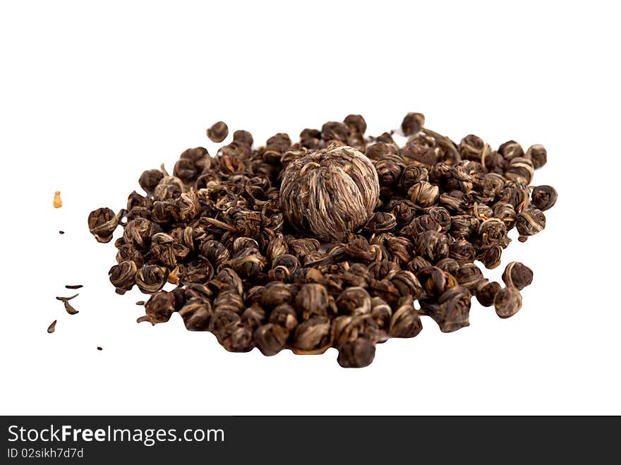 Green tea leaves on white background