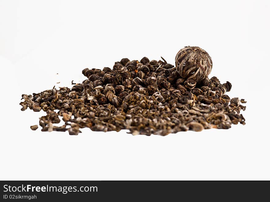 Green tea leaves on white background