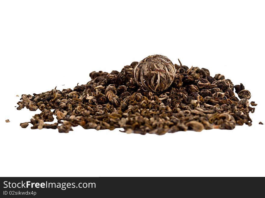 Green tea leaves on white background