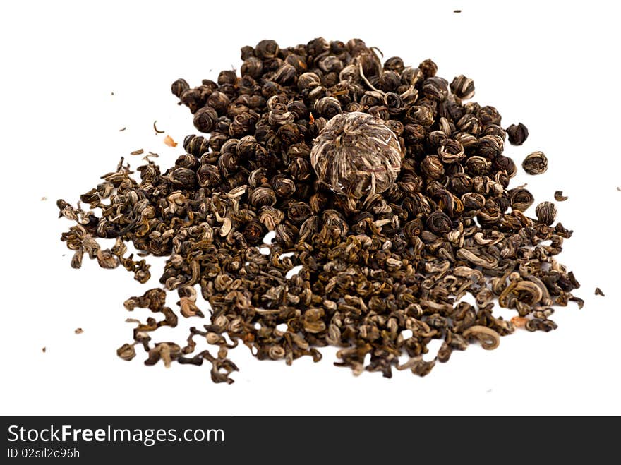 Green tea leaves on white background