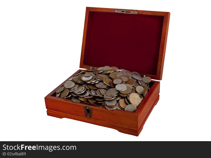 Cash box with pile of coins. Cash box with pile of coins