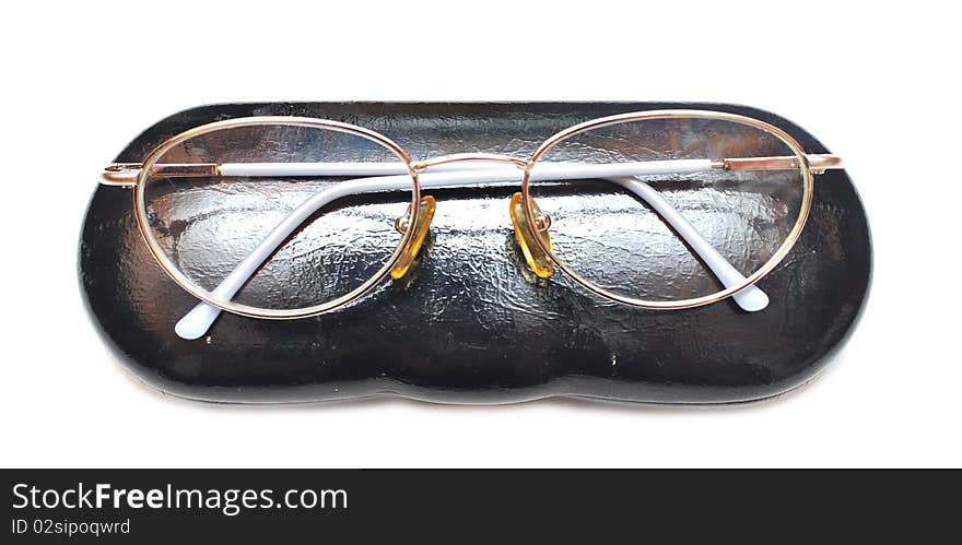 Eyeglasses in black case isolated on white. Eyeglasses in black case isolated on white