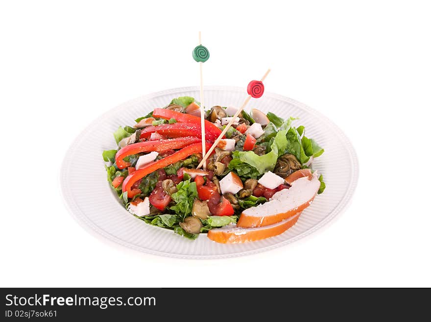 Healthy dinner salad with roasted chicken isolated on whiet background