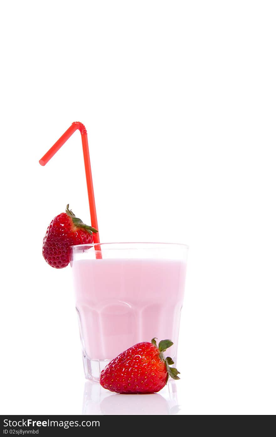 A glass with strawberry drinking yoghurt isolated over white