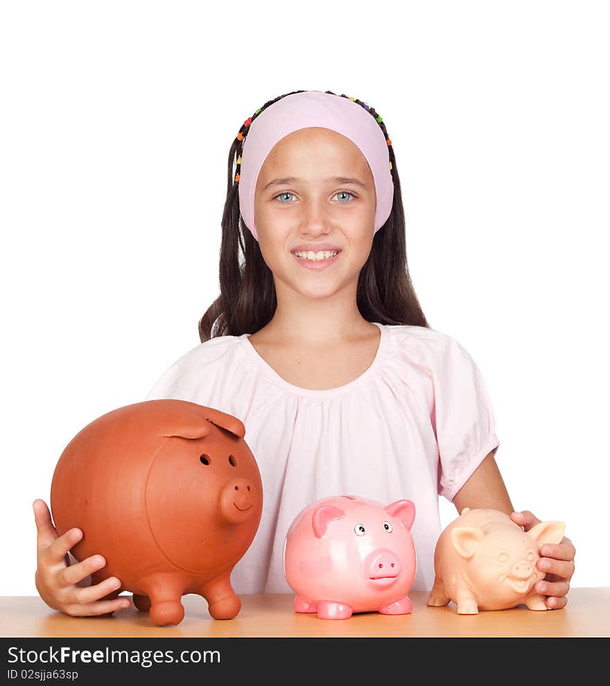 Little girl with with three piggy-bank