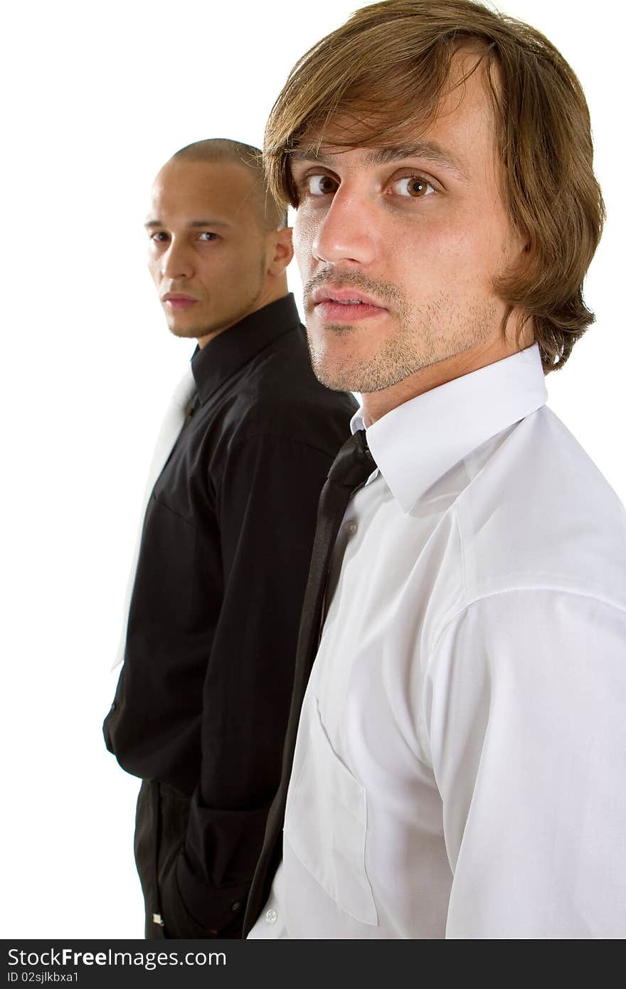 Two young businessman - one asian and one caucasian isolated over white background. Two young businessman - one asian and one caucasian isolated over white background.