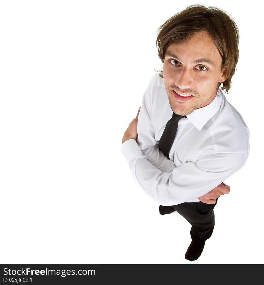 Young businessman isolated over white background with a black tie and longer hair. Young businessman isolated over white background with a black tie and longer hair.