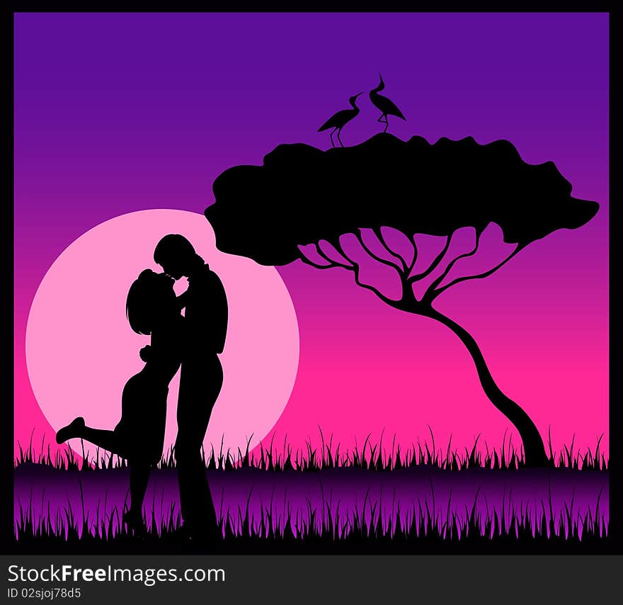 Silhouette of lovers on a background safari