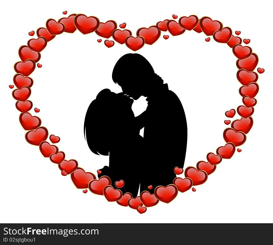 Silhouette of lovers on a background with heart