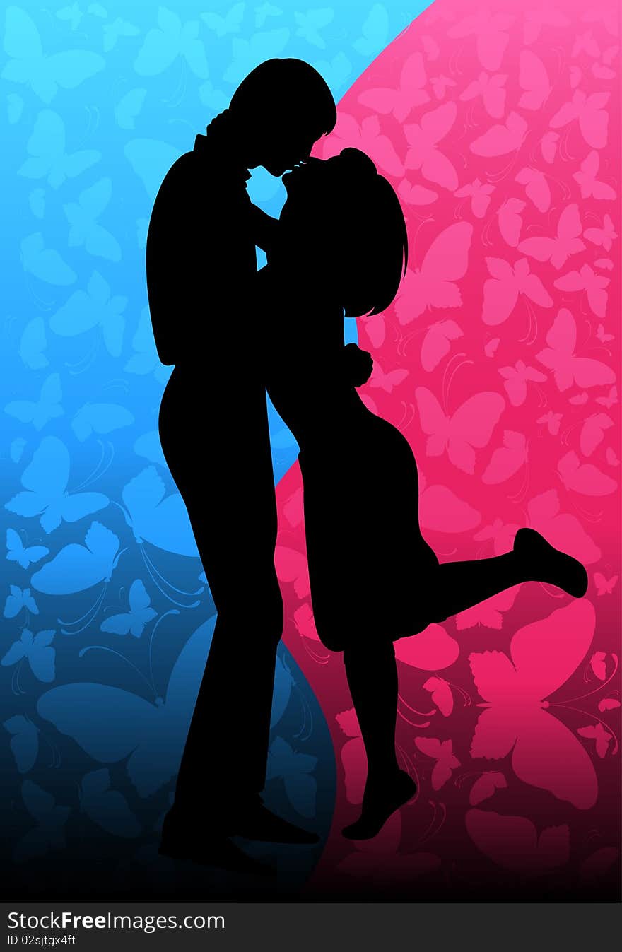 Silhouette of lovers on a background with butterflies