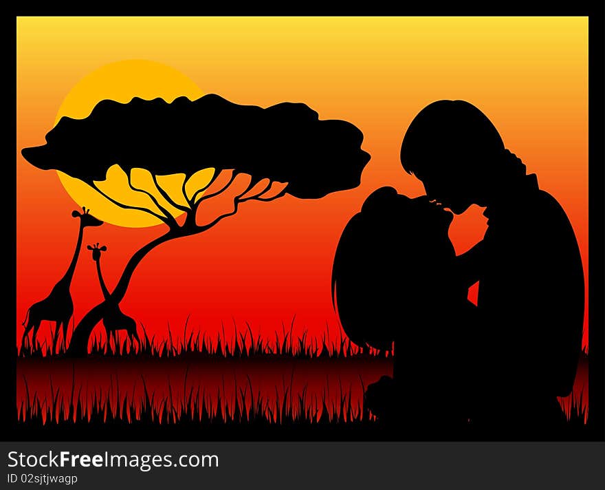 Silhouette of lovers on a background safari