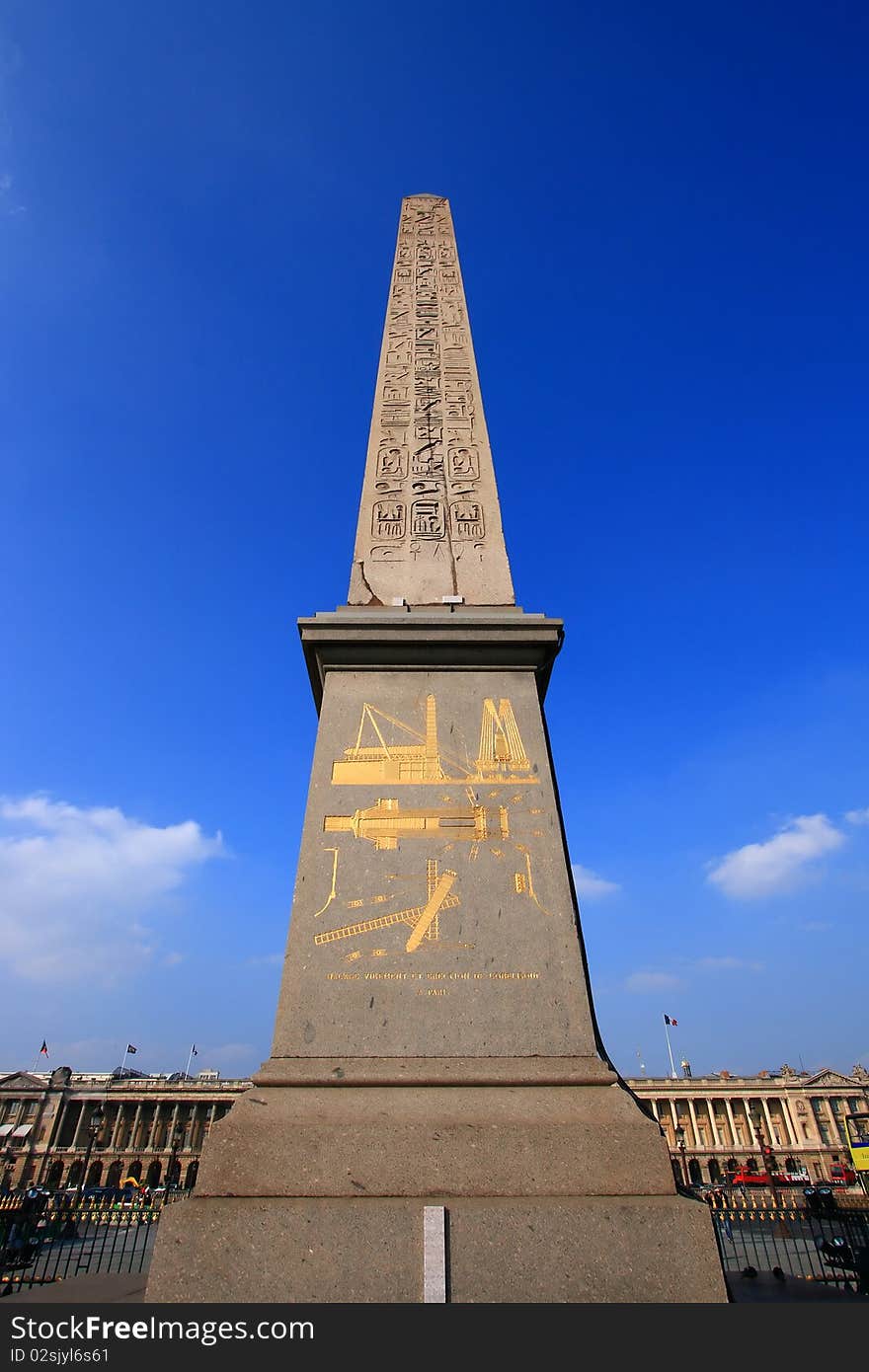 Obelisk Monument with blue sky at Place de la concorde in Paris France, Vertical