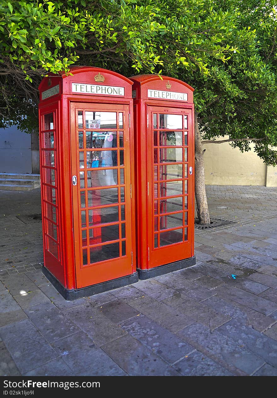 Tipical english phone booths in Gibraltar. Tipical english phone booths in Gibraltar