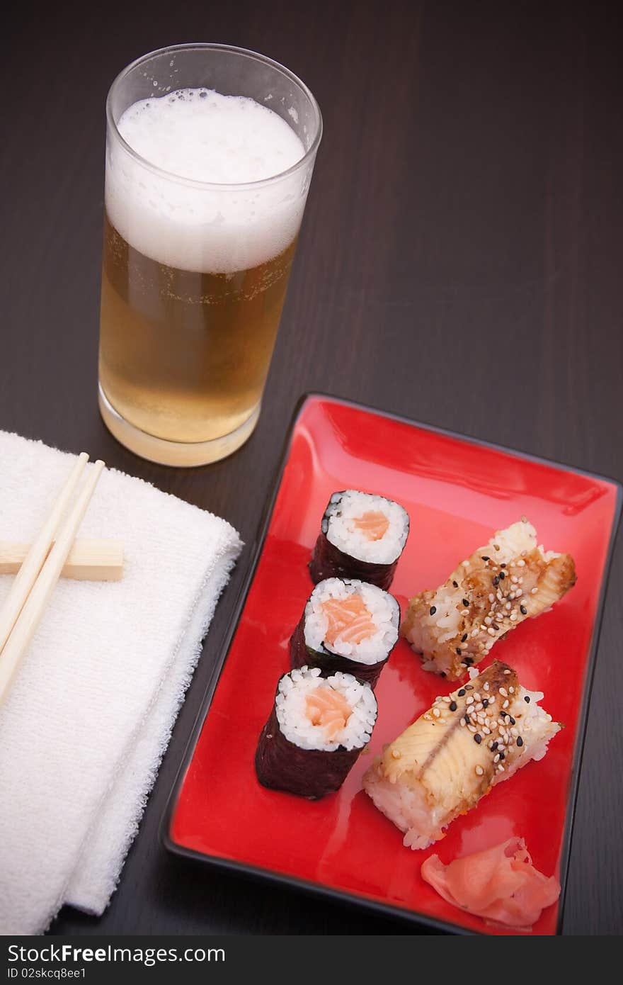 Small sushi set with beer