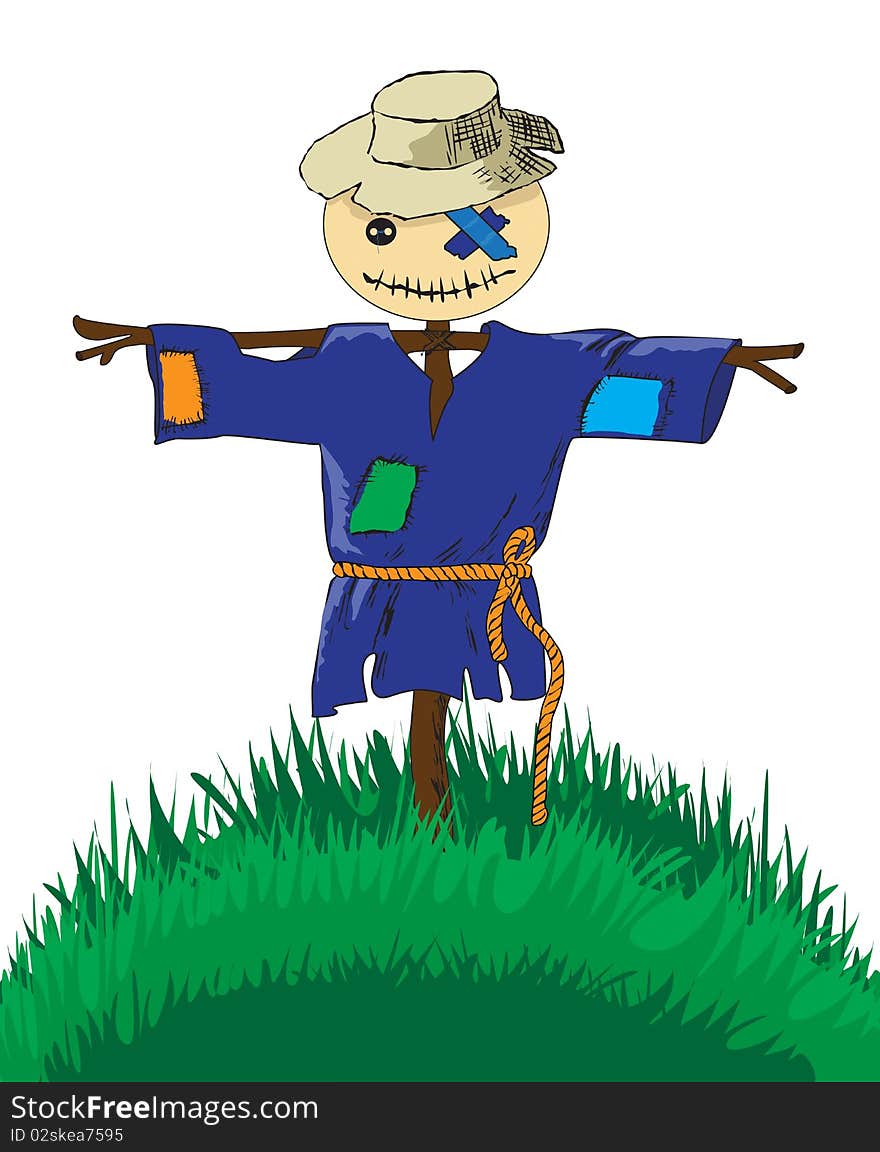 Scarecrow standing in the field and keeps people away birds and animals from plants