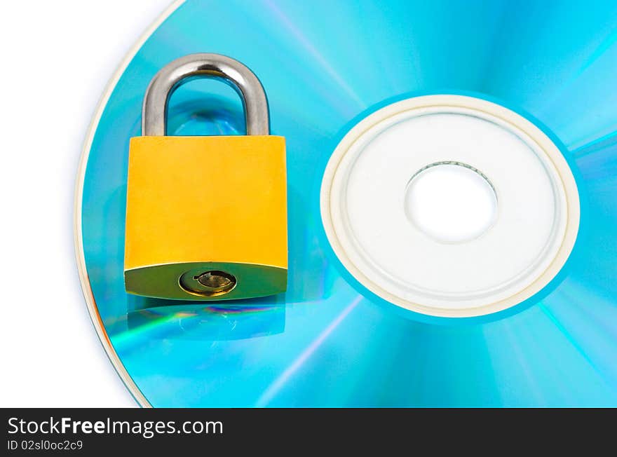 Computer disk and lock isolated on white background