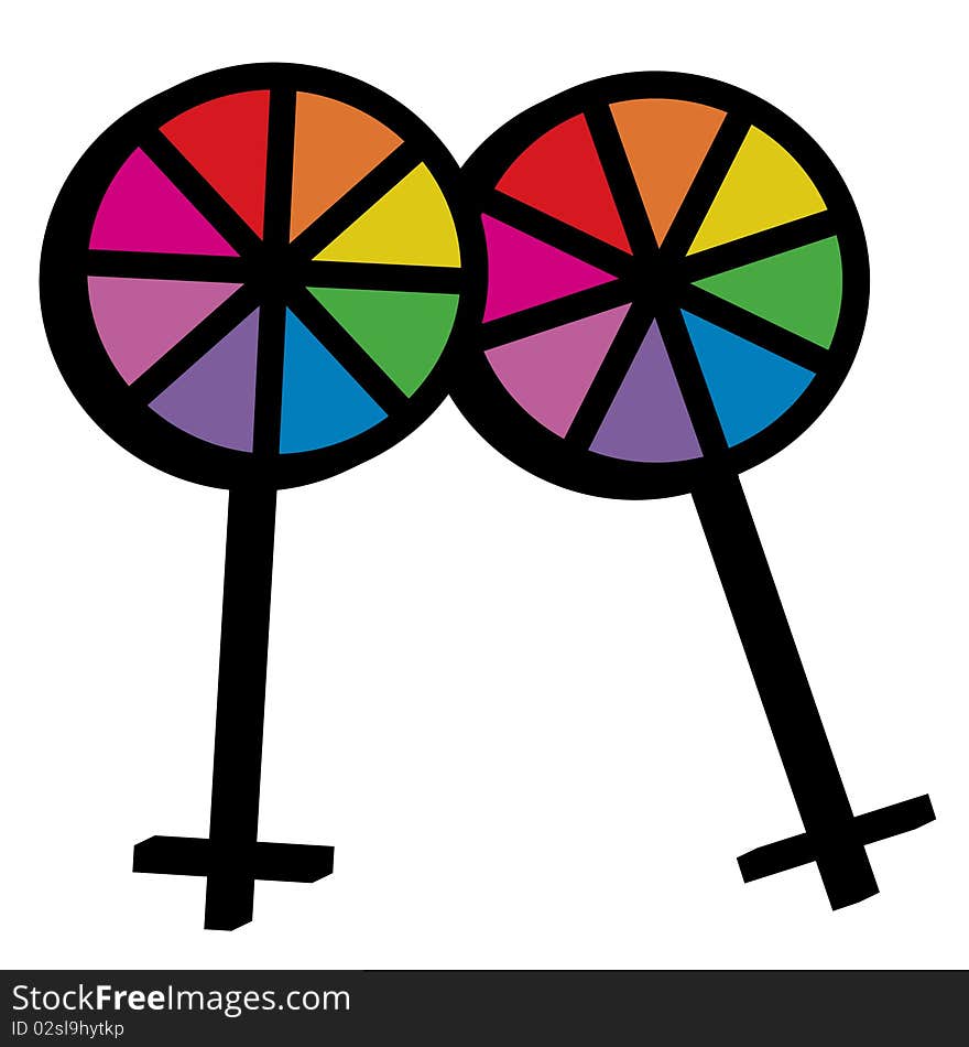 Two female symbols leaning on each other with the rainbow colors typical of the gay community. Two female symbols leaning on each other with the rainbow colors typical of the gay community