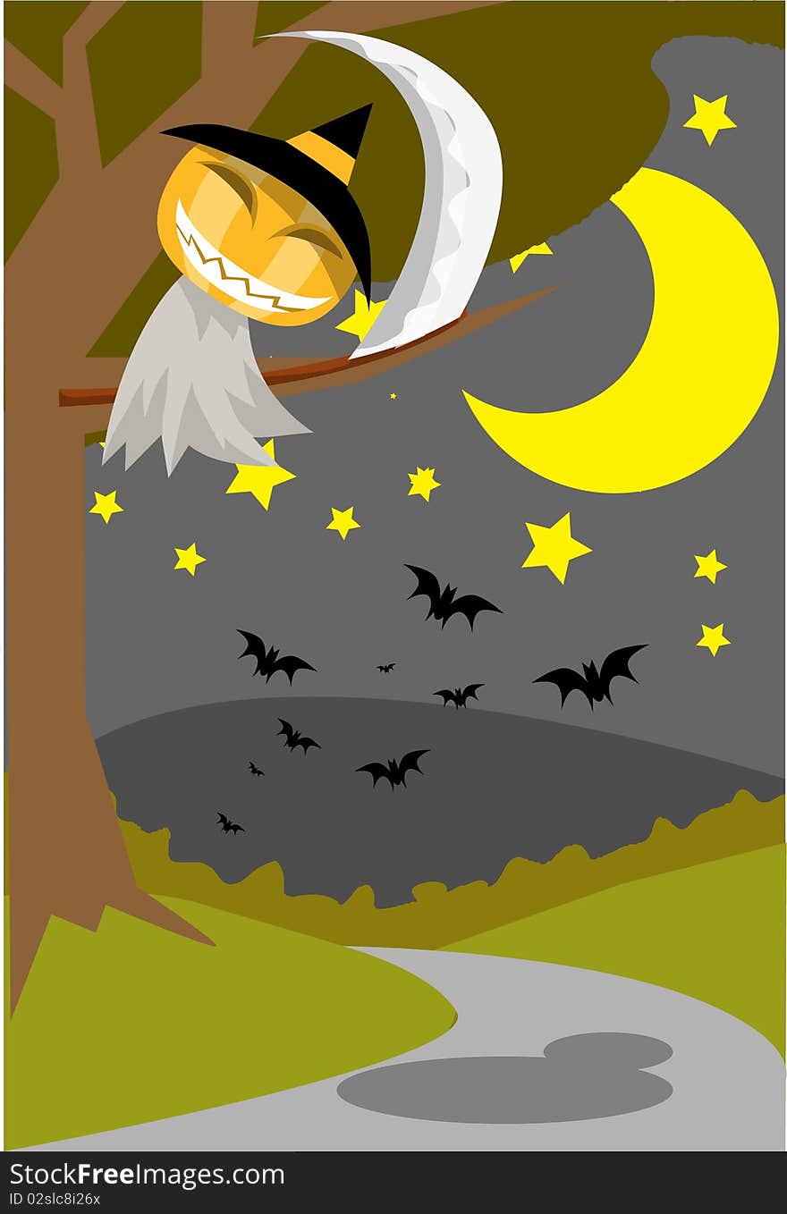 Image of a angel of death pumpkin sits on tree in Halloween night. Image of a angel of death pumpkin sits on tree in Halloween night.