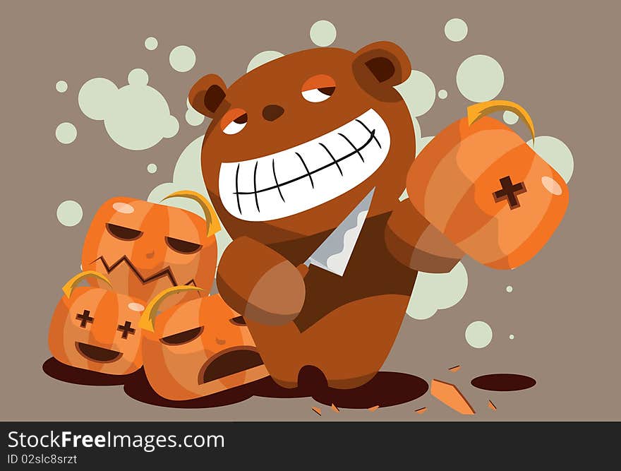 Image of teddy bear who is carving pumpkins on Halloween. Image of teddy bear who is carving pumpkins on Halloween.